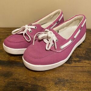 LL Bean Womens Canvas Boat Shoes Pink Magenta Nautical Loafers 360 Lacing
